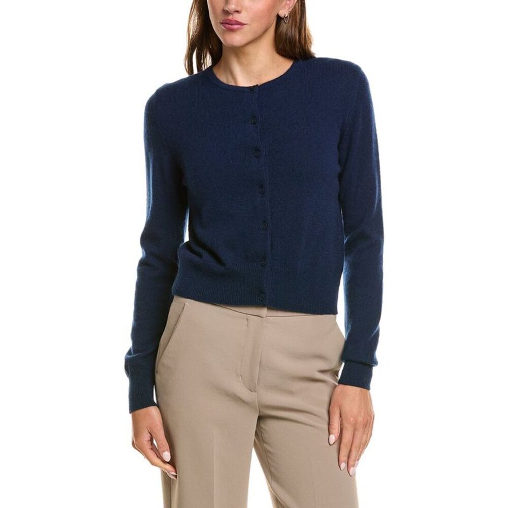Forte Cashmere Womens Basic Cropped Button 100% Cashmere Cardigan, Navy